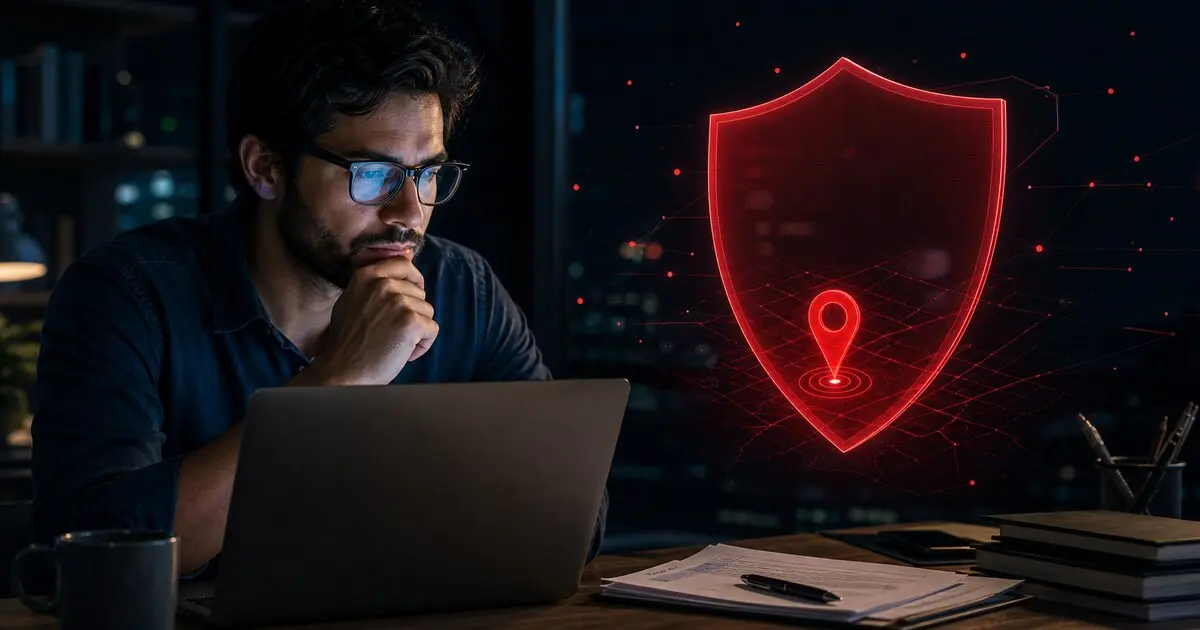 Pessoa analisando consulta de processos criminais no notebook com escudo vermelho translúcido e marcador de risco localizado