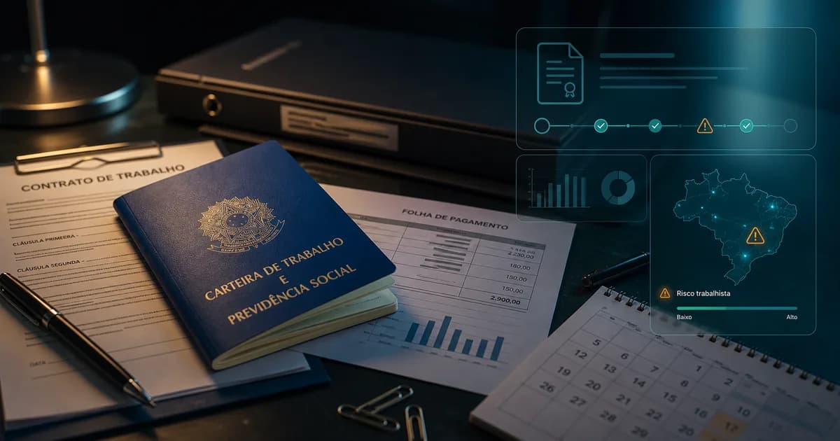 Carteira de trabalho sobre contrato, folha de pagamento e calendário com indicadores visuais de risco trabalhista