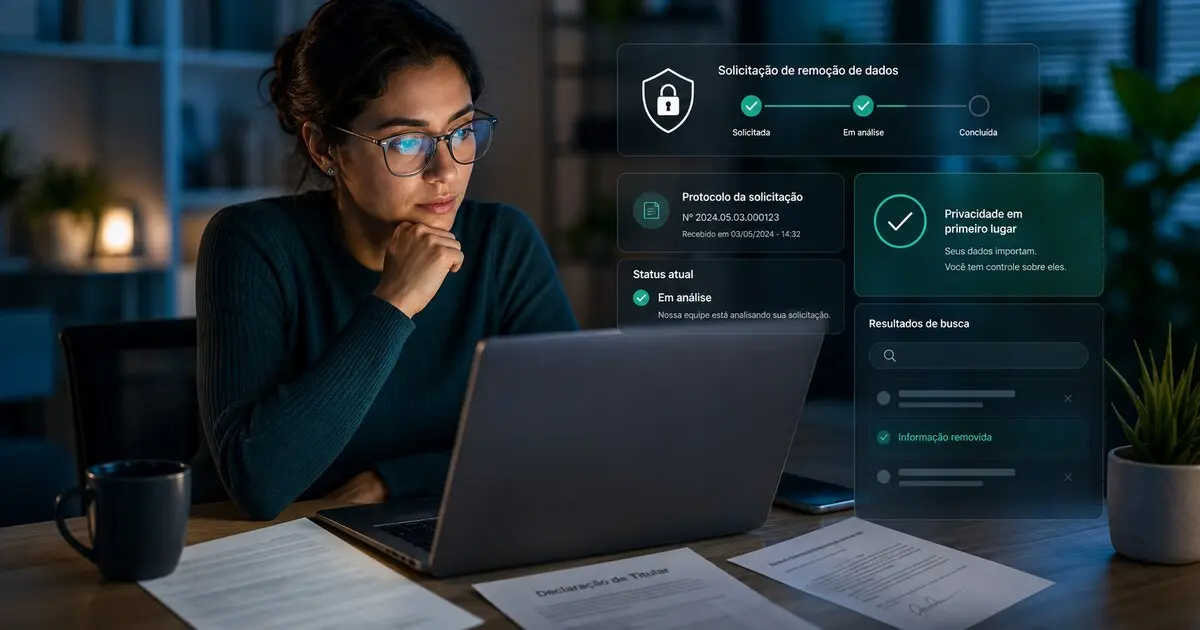 Pessoa usando notebook para solicitar remoção de dados, com interface de protocolo e status da solicitação